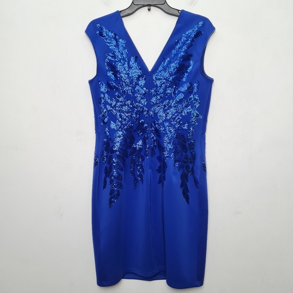 Tadashi Shoji Sequin Capsleeves Neoprene Shift Dress Royal Blue Women's Size L - Picture 8 of 16